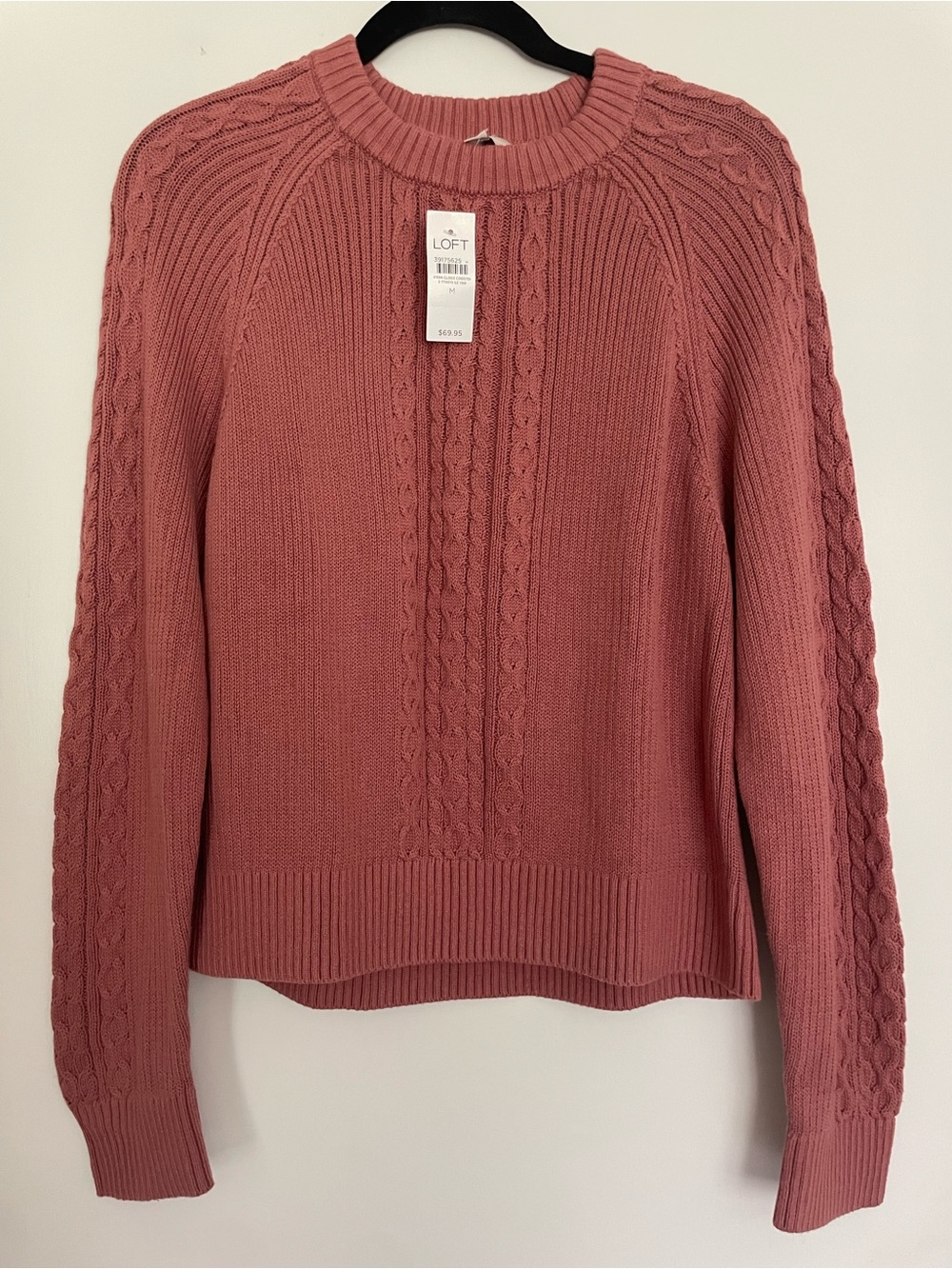 NWT Ann Taylor Loft Cable Knit Crewneck Sweater in Dusty Rose 100% Cotton Size M